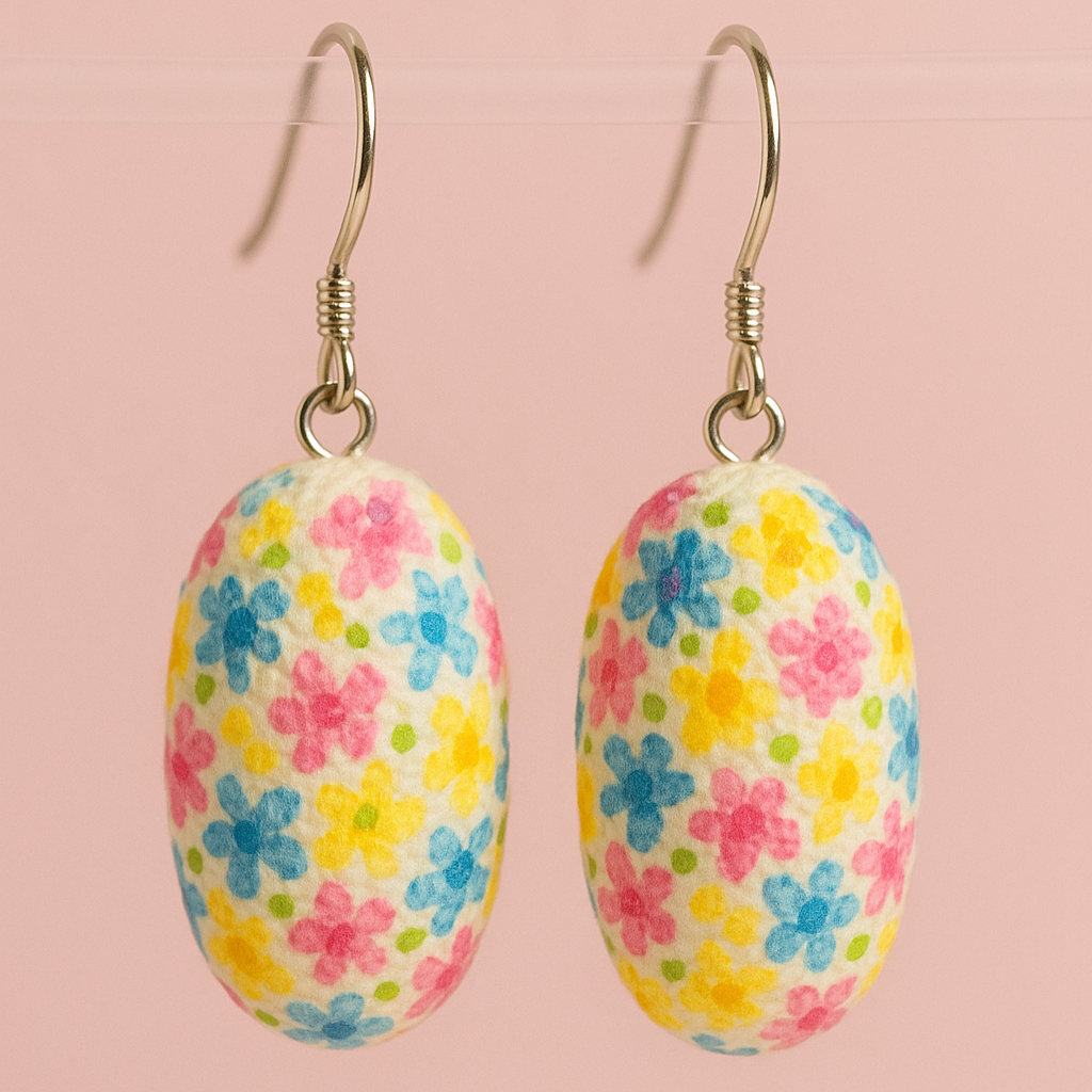 Hand painted silk cocoon earrings - Pastel Flower - Origin Soufli Greece - Silk Tales