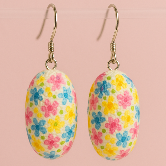 Hand painted silk cocoon earrings - Pastel Flower - Origin Soufli Greece - Silk Tales