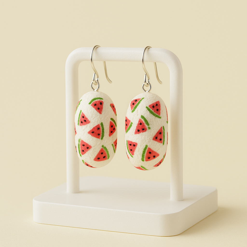 Hand painted silk cocoon earrings - Watermelon - Origin Soufli Greece - Silk Tales