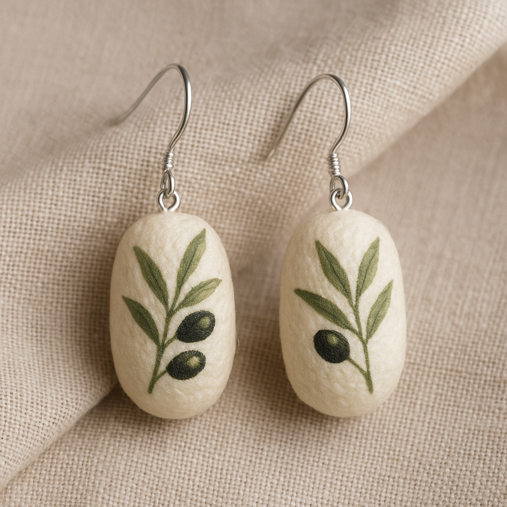 Hand painted silk cocoon earrings - Olive Branch - Origin Soufli Greece - Silk Tales