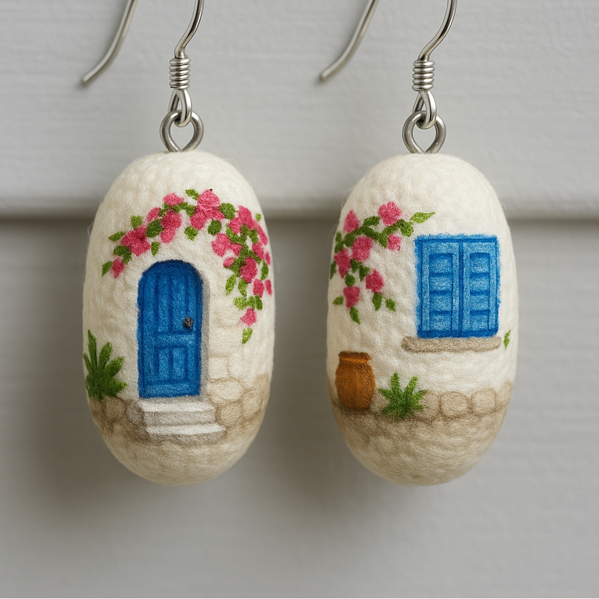 Hand painted silk cocoon earrings - Summer in Greece - Origin Soufli Greece - Silk Tales